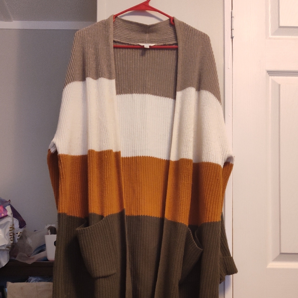 Time and Tru Striped Open Front Cardigan - White, Orange, Brown